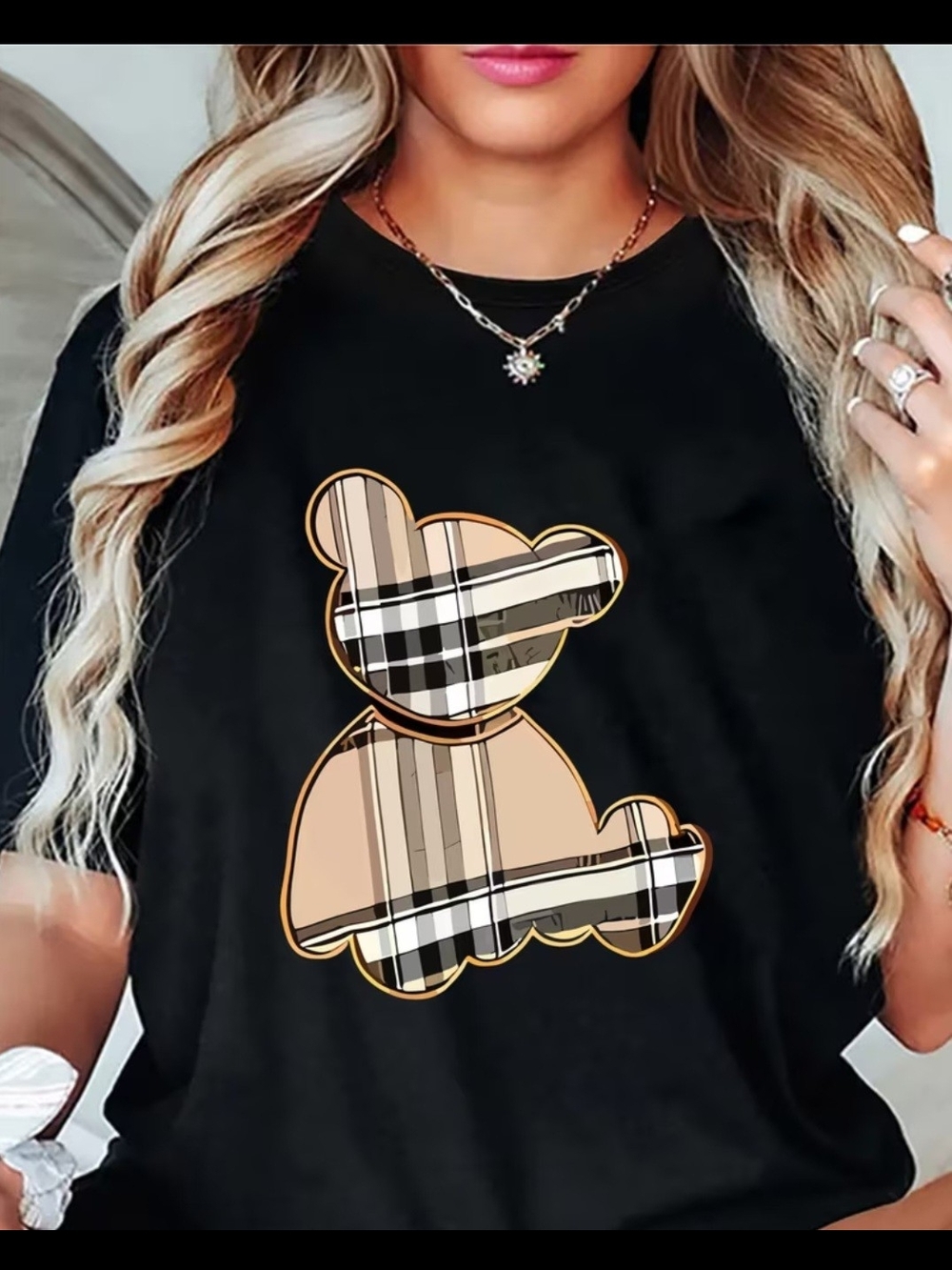 Black Short Sleeve Tee with Beige Plaid Teddy Graphic